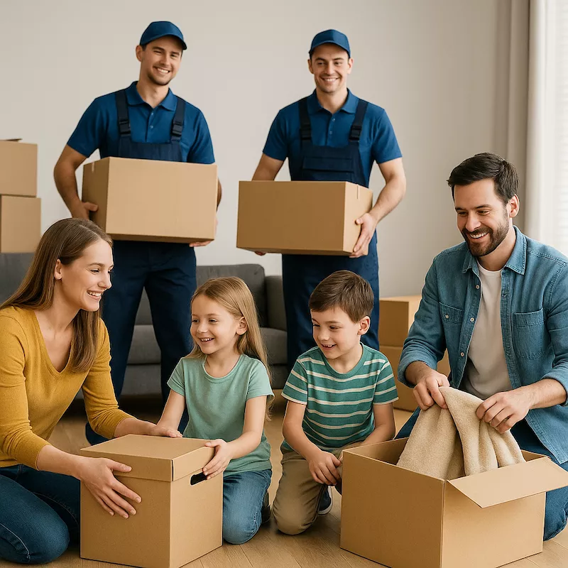 Familj med barn packar inför flytt tillsammans med flyttfirma